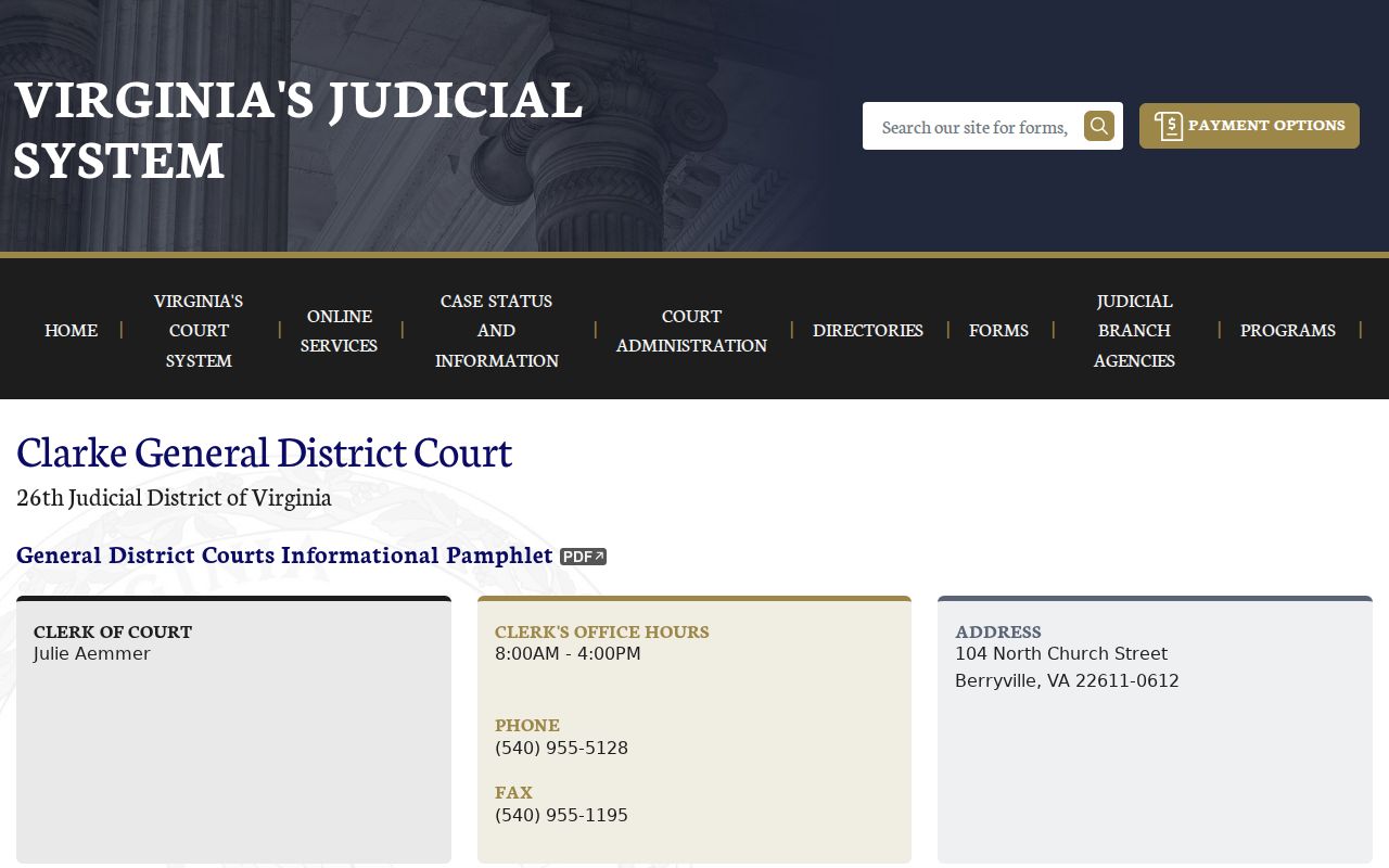 Clarke County bench warrant court contact panel for General District Court