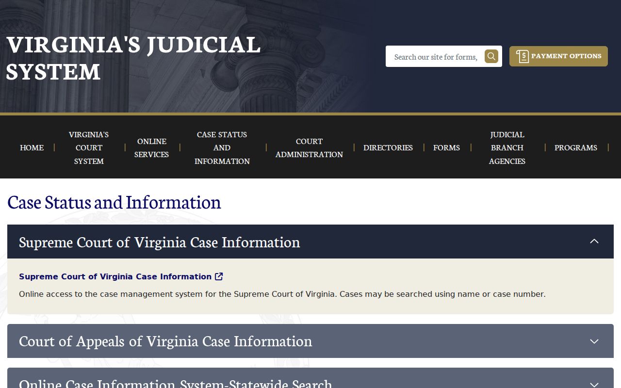 Clarke County warrant search starting point on Virginia's case information page