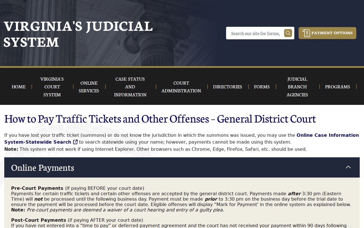 Clarke County traffic warrant case search on the Virginia courts ticket page